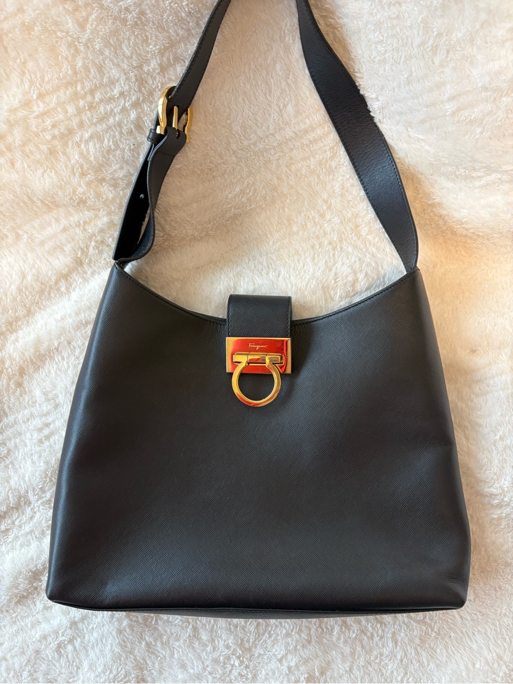 Salvatore Ferragamo Black Leather Shoulder Bag with Gold Accent